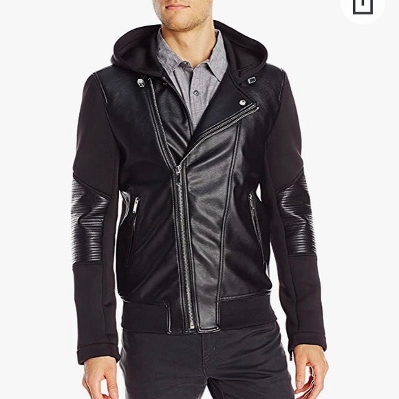 Guess Men’s Mixed Media Hooded Moto Jacket used *** - Picture 4 of 4
